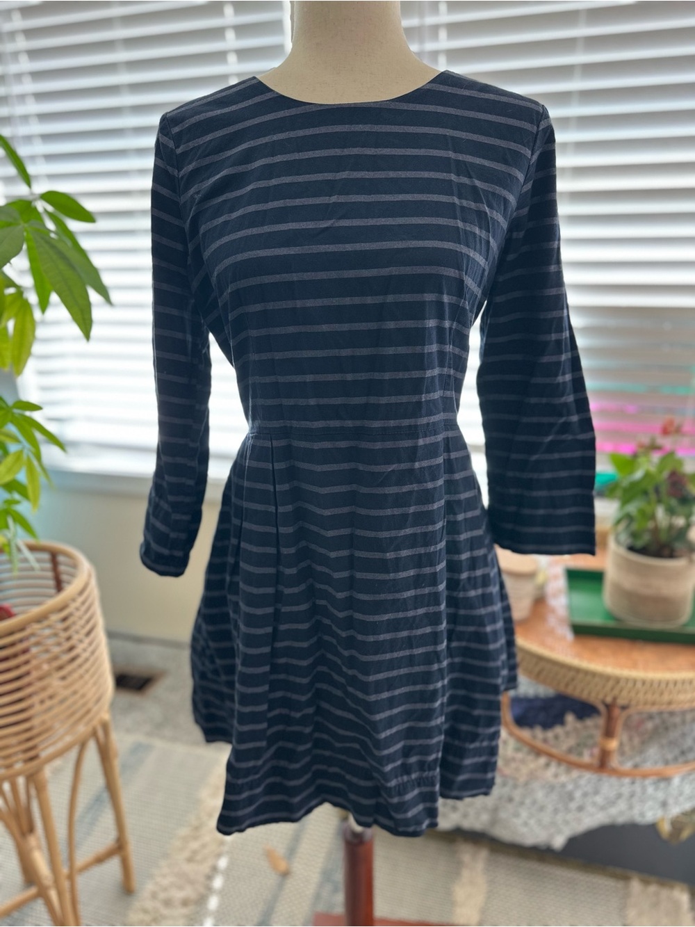 Gap Striped Navy and Gray Long-Sleeve Fit & Flare Dress